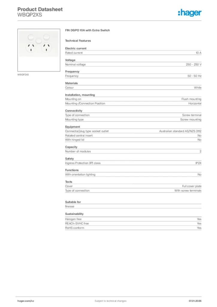 Image Hager Product data sheet WBQP2XS  | Hager New Zealand