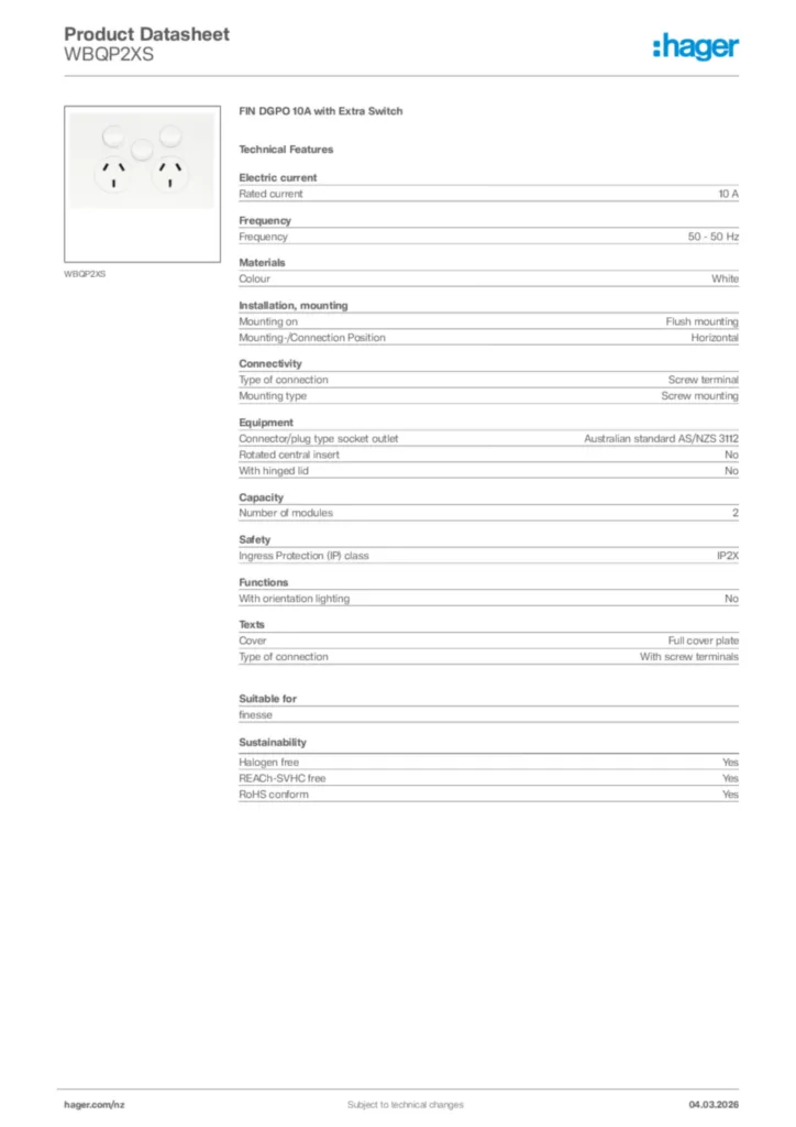 Image Hager Product data sheet WBQP2XS  | Hager New Zealand