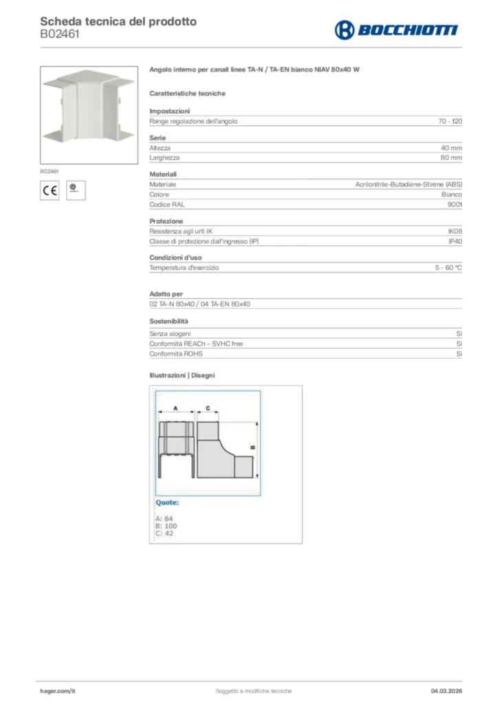 Immagine Bocchiotti Scheda tecnica del prodotto B02461 | Hager Italia