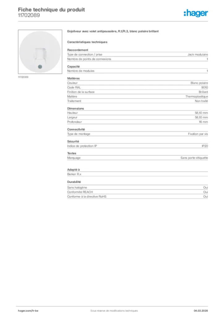 Image Hager Fiche technique du produit 11702089 | Hager Belgique