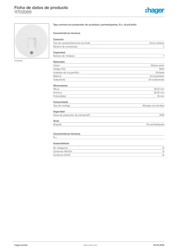 Imagen Hager Ficha de datos de producto 11702089 | Hager España