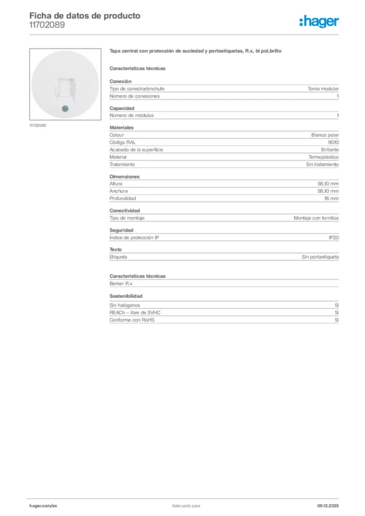 Imagen Hager Ficha de datos de producto 11702089 | Hager España