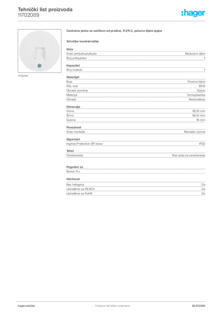 Slika Hager Product data sheet 11702089  | Hager