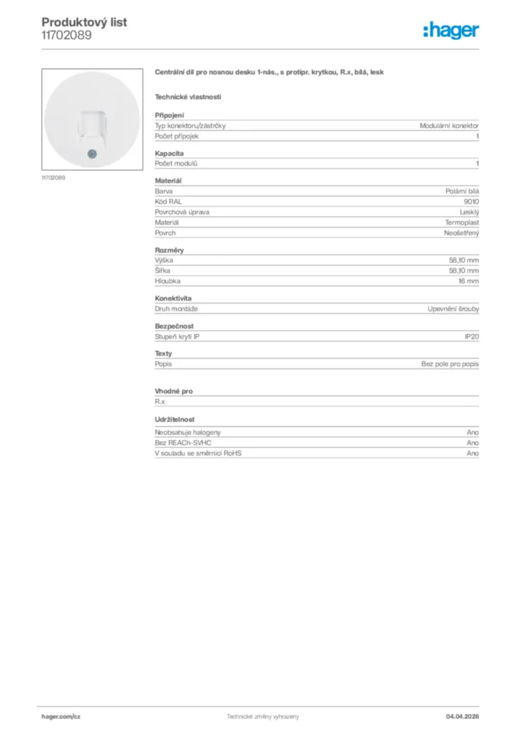 Obrázek Hager Product data sheet 11702089 | Hager