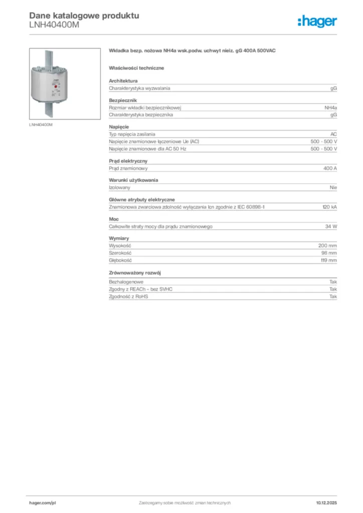Zdjęcie Hager Dane katalogowe produktu LNH40400M | Hager Polska