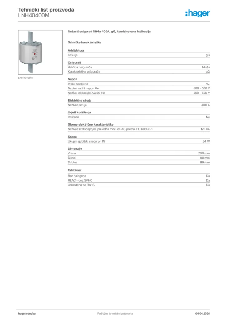 Slika Hager Tehnički list proizvoda LNH40400M  | Hager