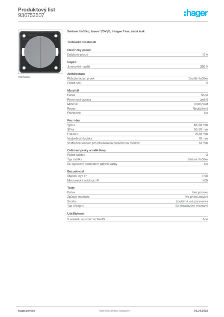 Obrázek Hager Produktový list 936752507 | Hager