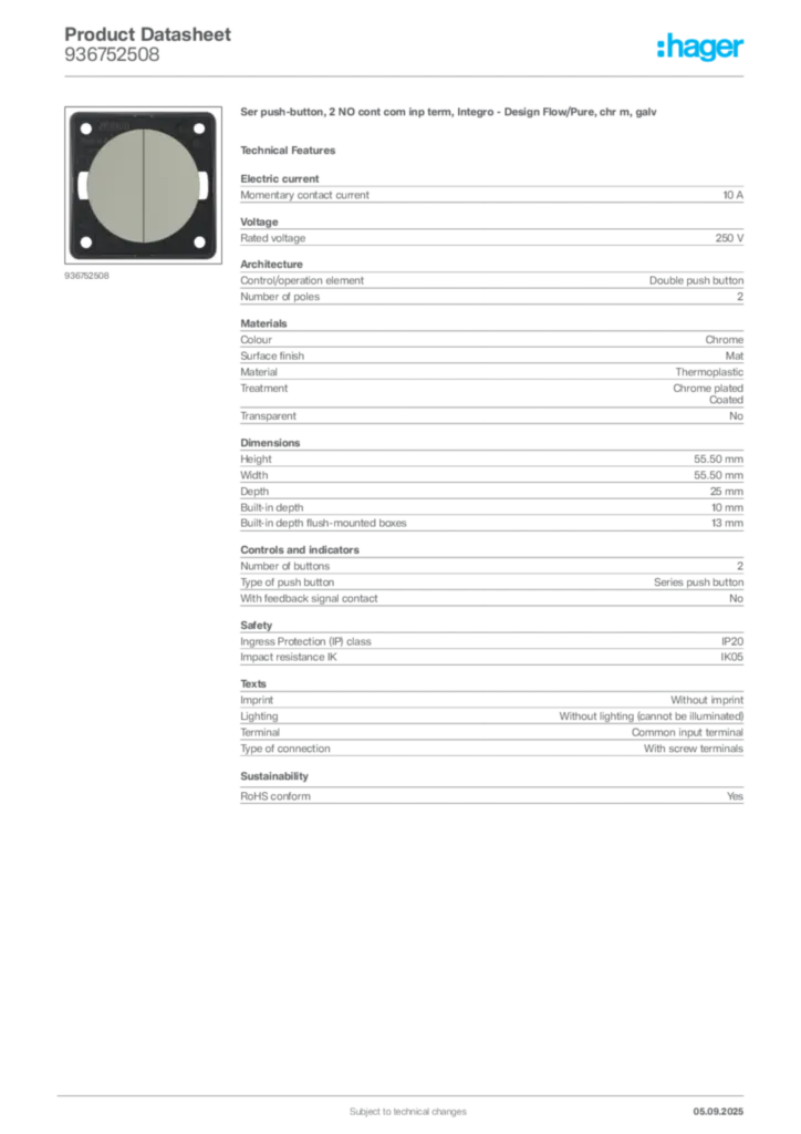 Image Hager Product data sheet 936752508  | Hager