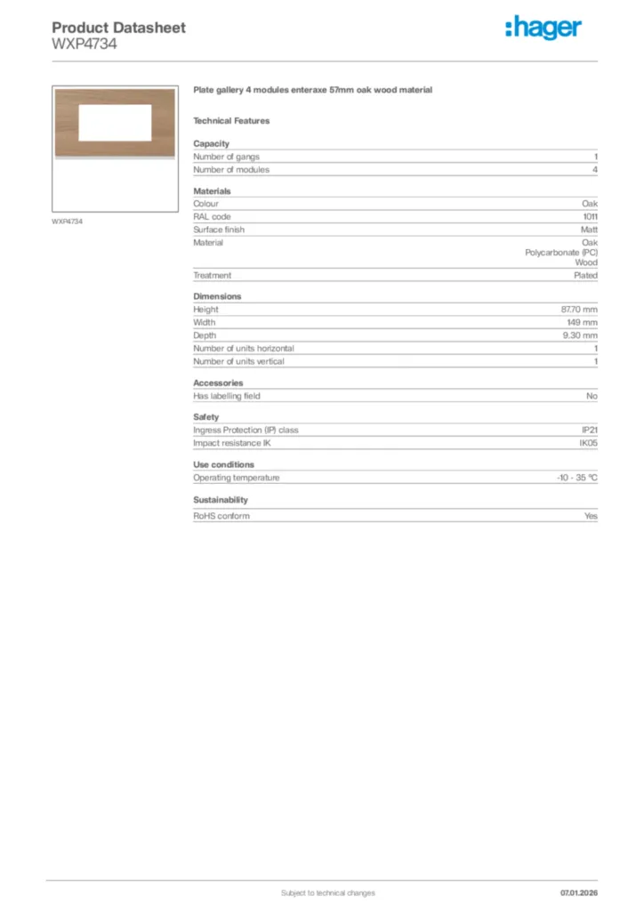 Image Hager Product data sheet WXP4734  | Hager Africa