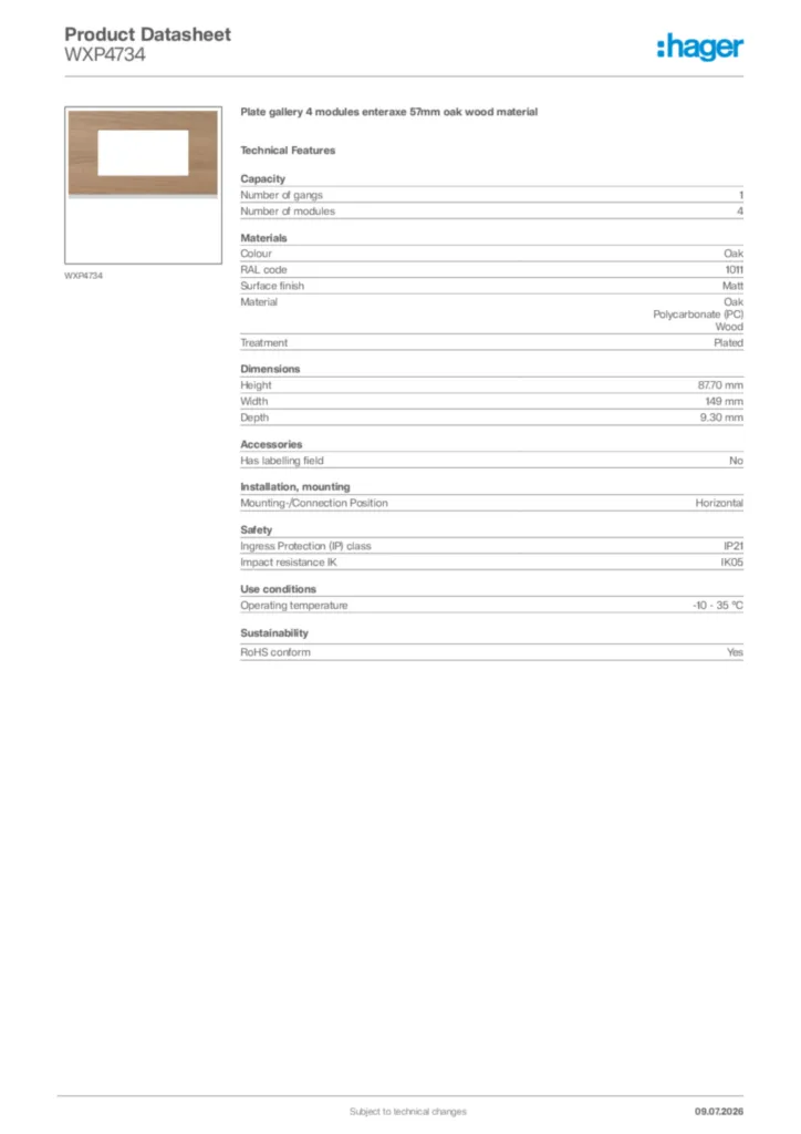 Image Hager Product data sheet WXP4734  | Hager Africa