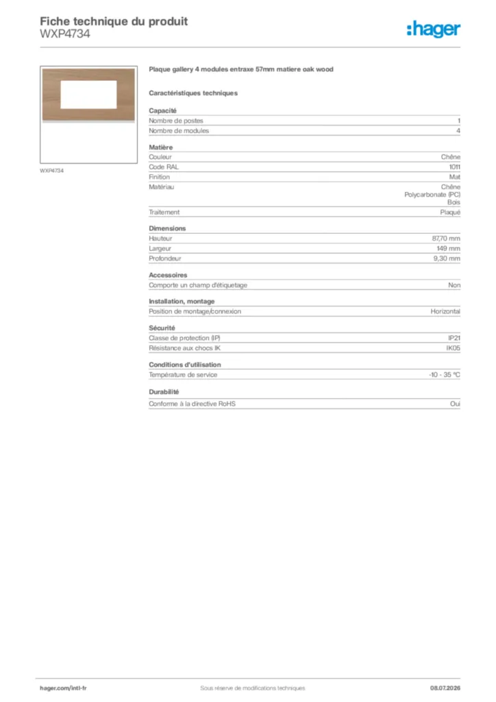Image Hager Fiche technique du produit WXP4734 | Hager Afrique