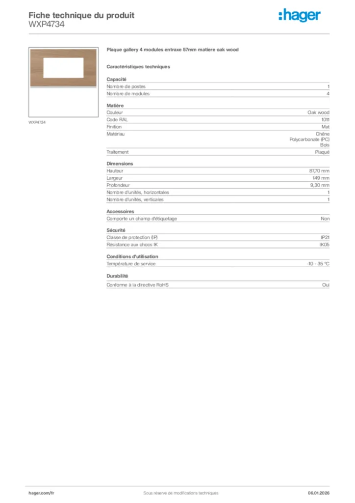 Image Hager Fiche technique du produit WXP4734 | Hager France