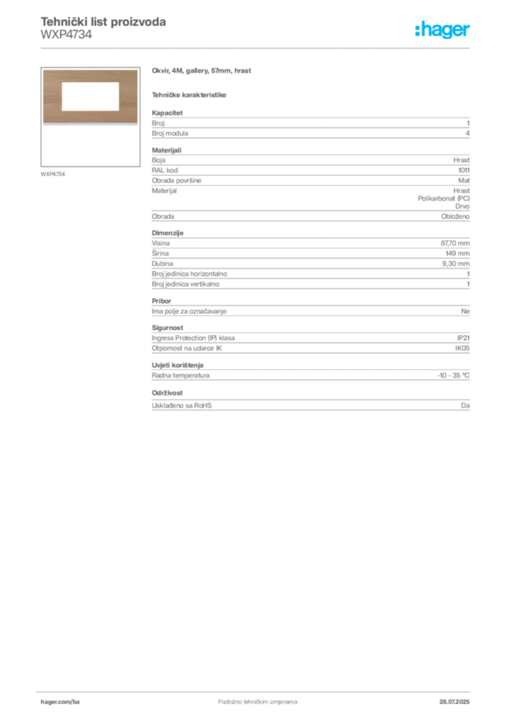 Slika Hager Product data sheet WXP4734  | Hager
