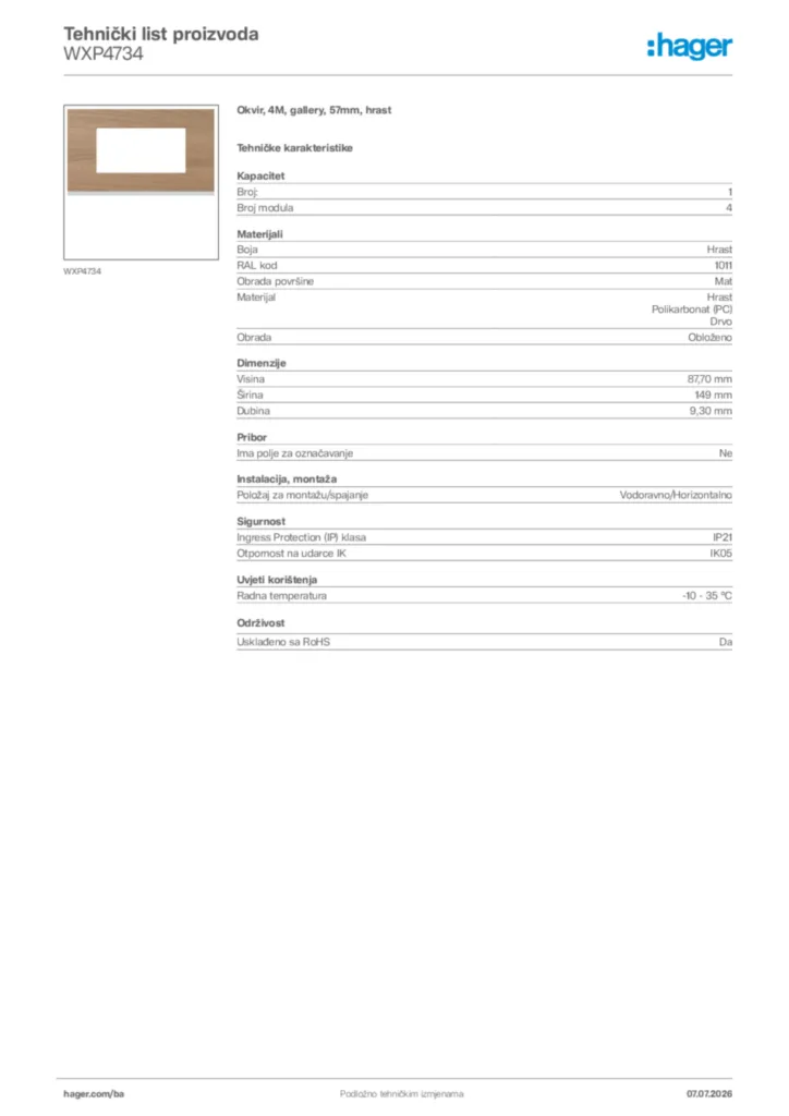 Slika Hager Tehnički list proizvoda WXP4734  | Hager