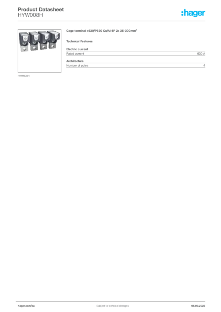 Image Hager Product data sheet HYW008H  | Hager Australia