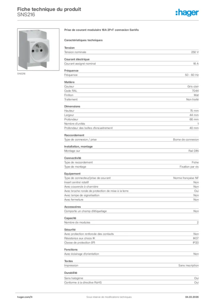 Image Hager Fiche technique du produit SNS216 | Hager France