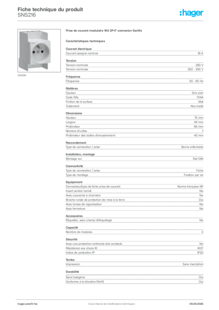 Image Hager Fiche technique du produit SNS216 | Hager Belgique