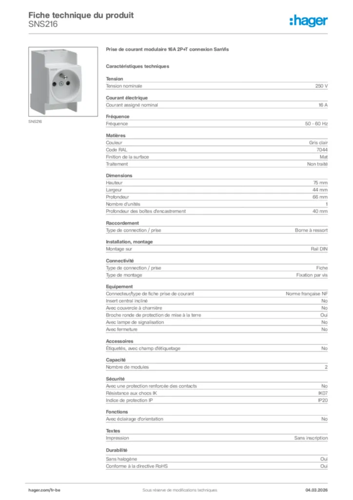 Image Hager Fiche technique du produit SNS216 | Hager Belgique