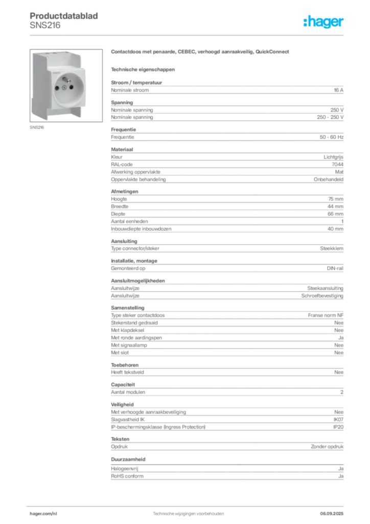 Afbeelding Hager Productdatablad SNS216 | Hager Nederland