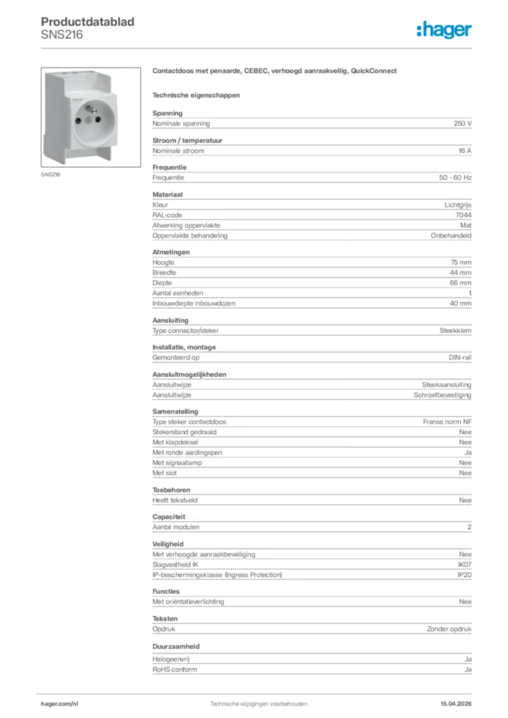 Afbeelding Hager Productdatablad SNS216 | Hager Nederland