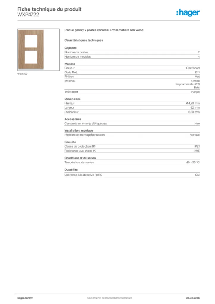 Image Hager Fiche technique du produit WXP4722 | Hager France