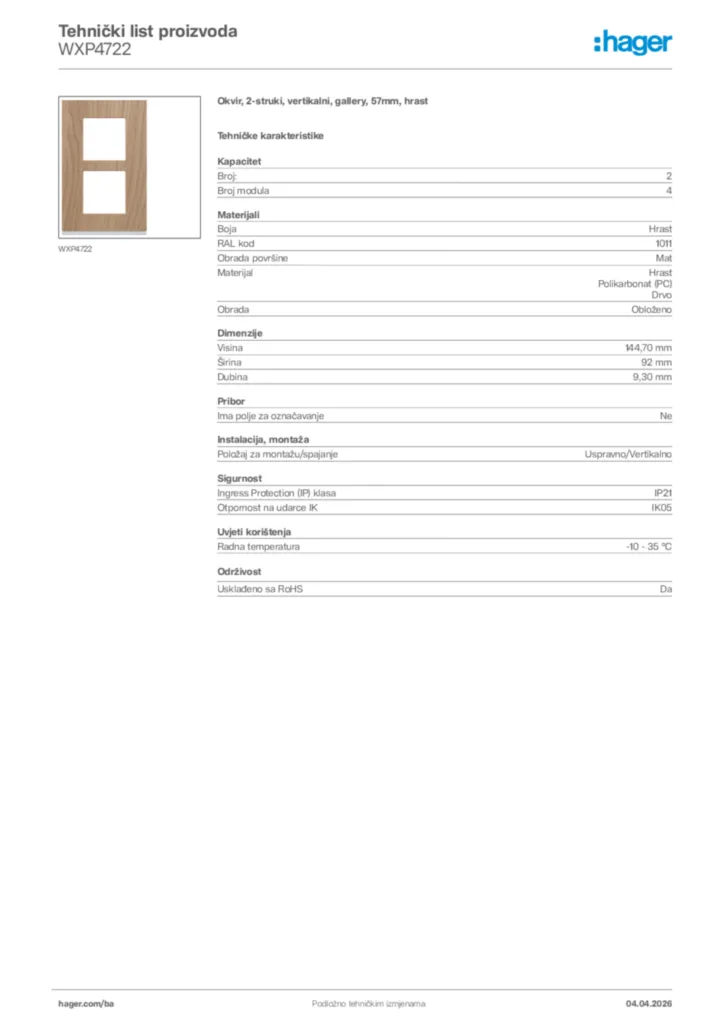 Slika Hager Tehnički list proizvoda WXP4722  | Hager