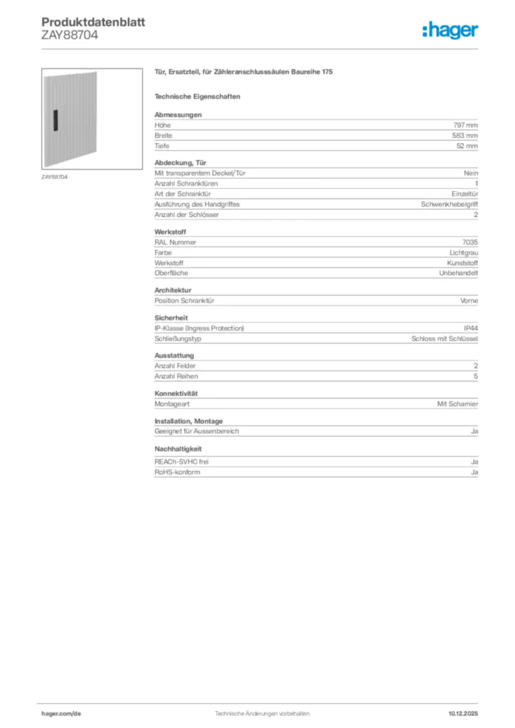 Bild Hager Produktdatenblatt ZAY88704 | Hager Deutschland