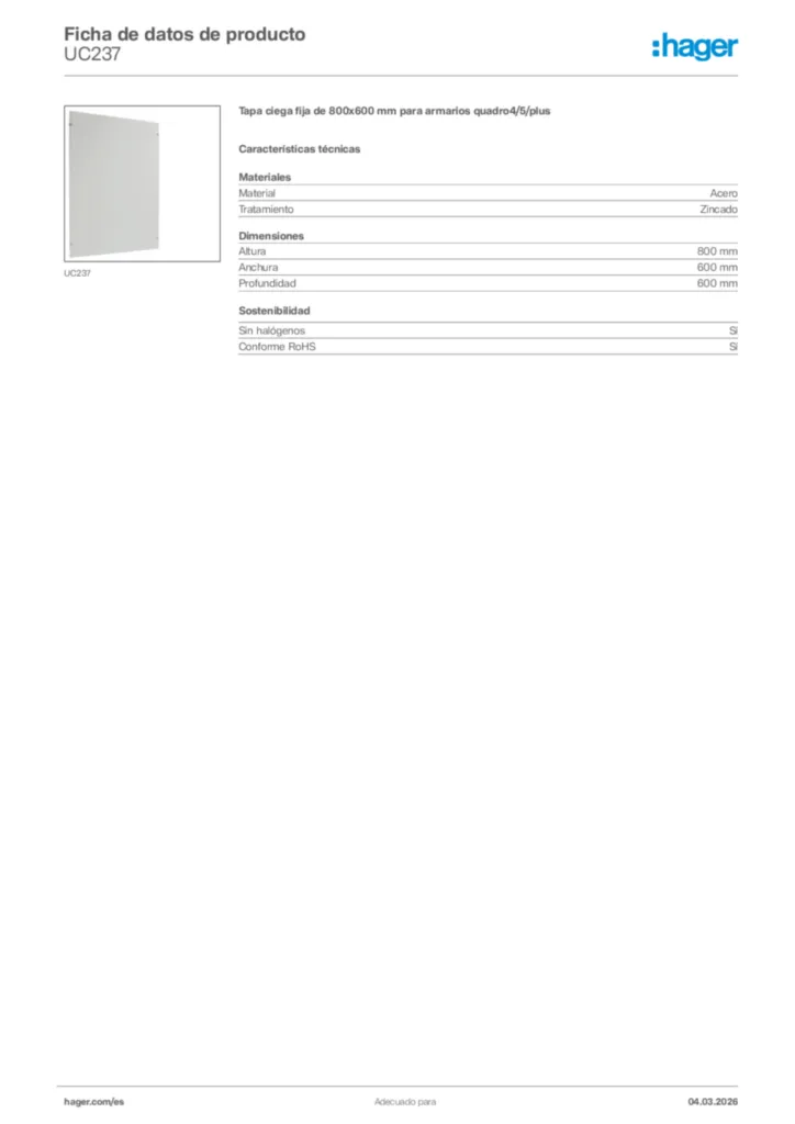 Imagen Hager Ficha de datos de producto UC237 | Hager España