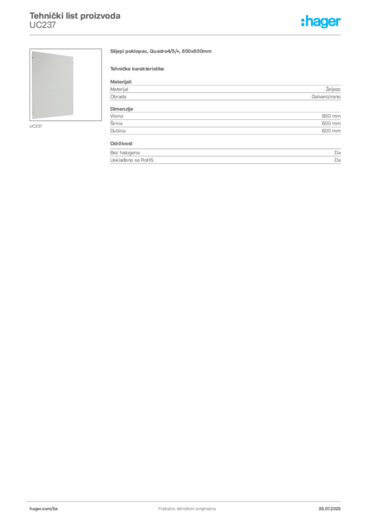 Slika Hager Product data sheet UC237  | Hager