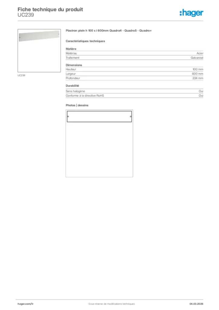 Image Hager Fiche technique du produit UC239 | Hager France