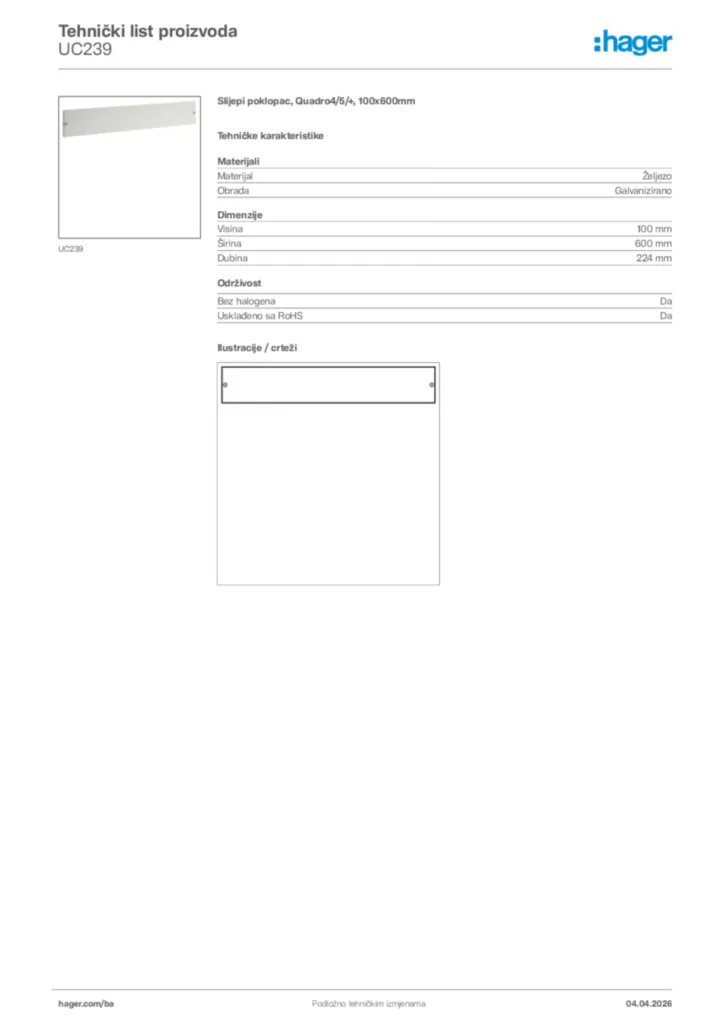 Slika Hager Tehnički list proizvoda UC239  | Hager