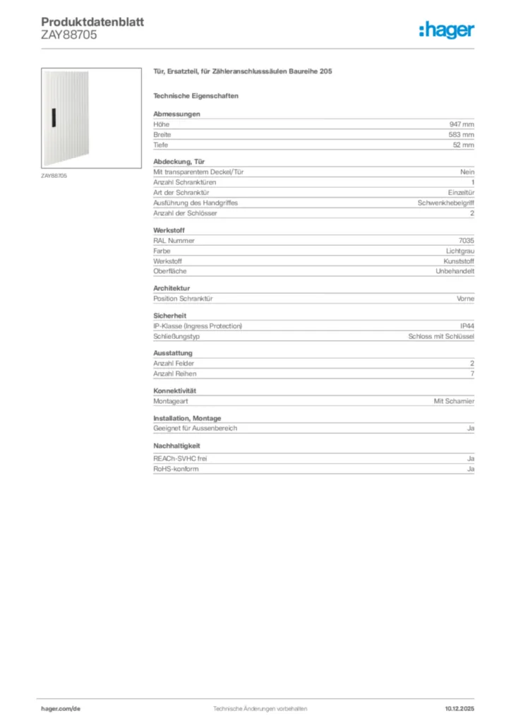 Bild Hager Produktdatenblatt ZAY88705 | Hager Deutschland