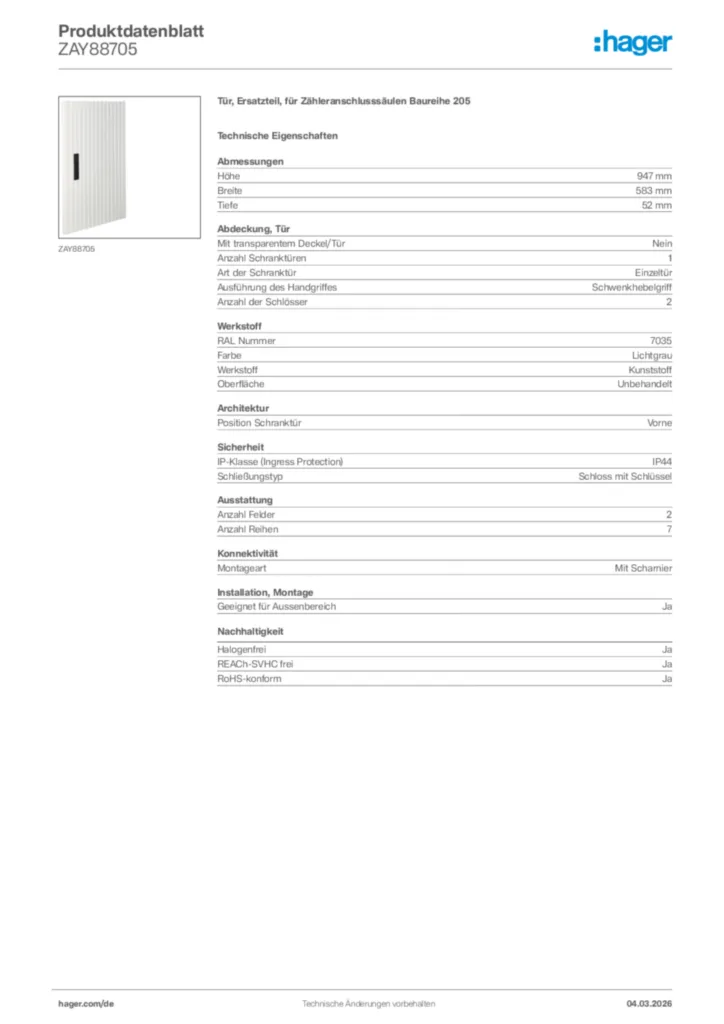 Bild Hager Produktdatenblatt ZAY88705 | Hager Deutschland