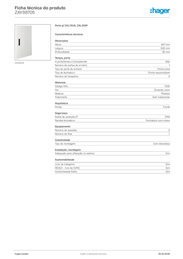 Imagem Hager Ficha técnica do produto ZAY88705 | Hager Portugal