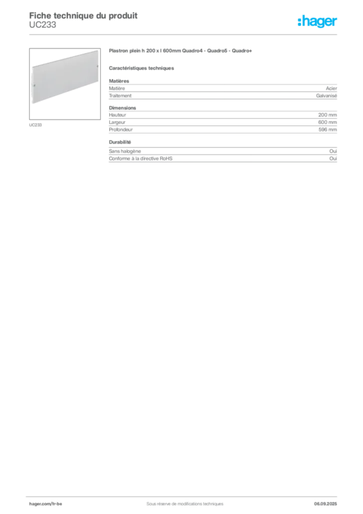 Image Hager Fiche technique du produit UC233 | Hager Belgique