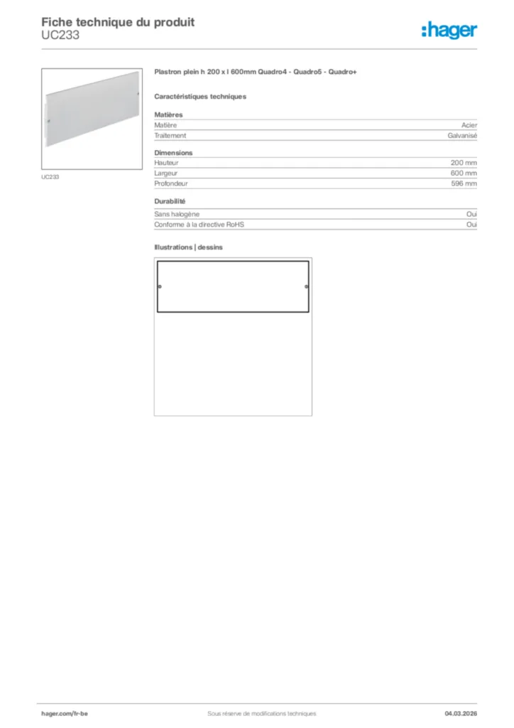 Image Hager Fiche technique du produit UC233 | Hager Belgique