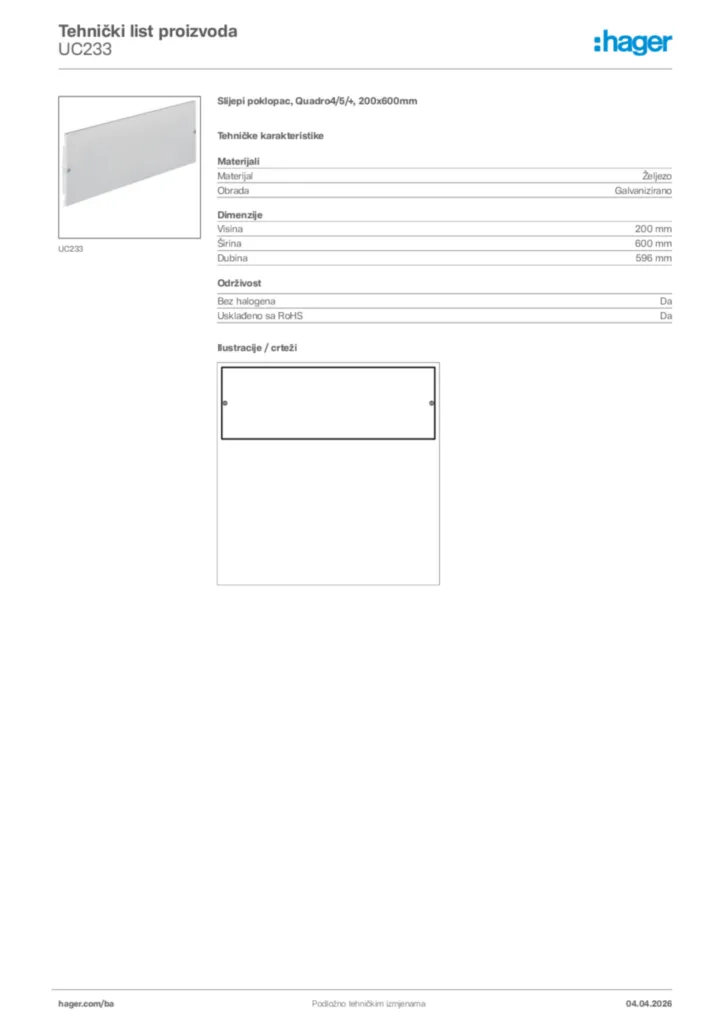 Slika Hager Tehnički list proizvoda UC233  | Hager