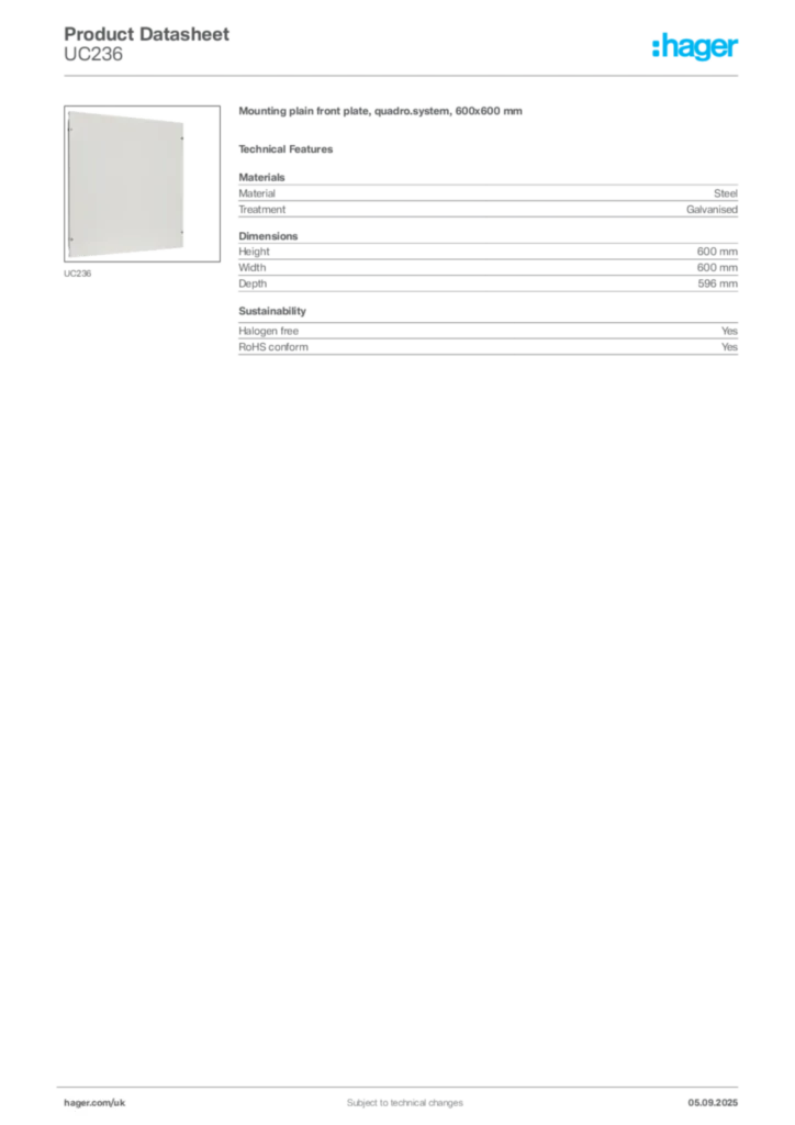 Image Hager Product data sheet UC236  | Hager