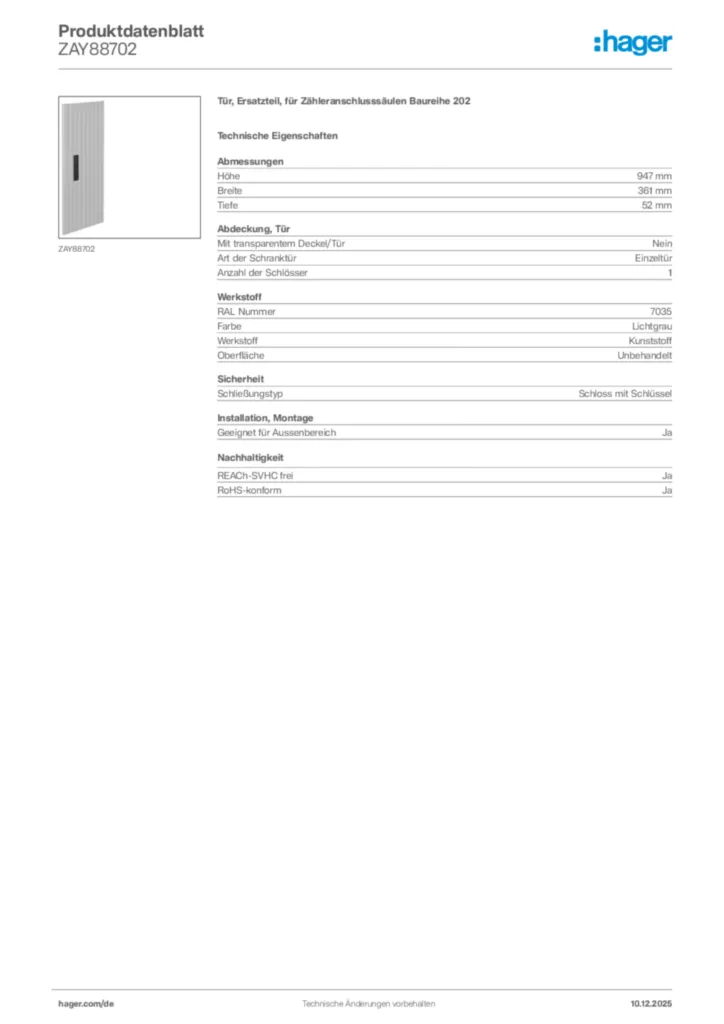 Bild Hager Produktdatenblatt ZAY88702 | Hager Deutschland