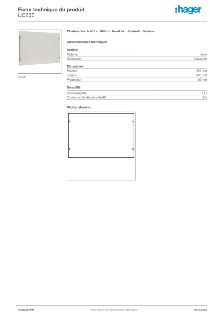 Image Hager Fiche technique du produit UC235 | Hager France