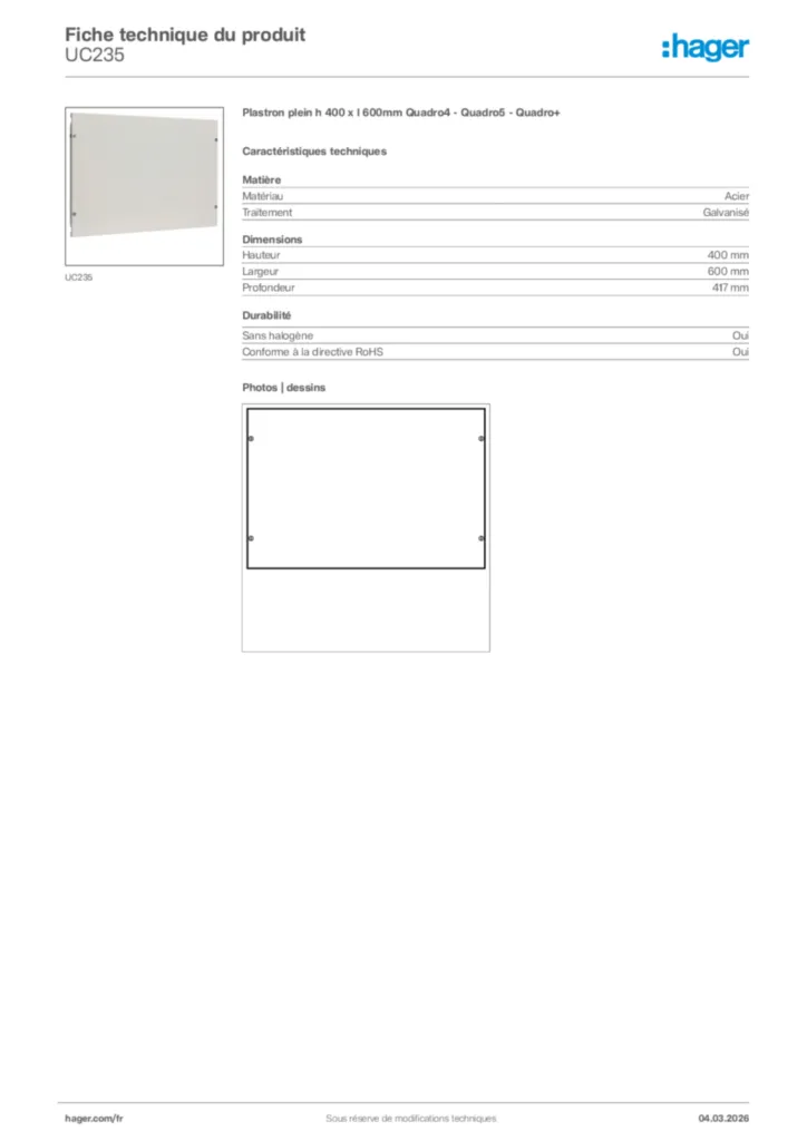 Image Hager Fiche technique du produit UC235 | Hager France