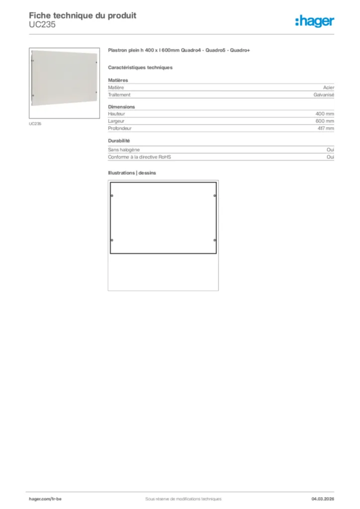Image Hager Fiche technique du produit UC235 | Hager Belgique