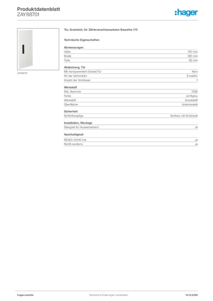 Bild Hager Produktdatenblatt ZAY88701 | Hager Deutschland