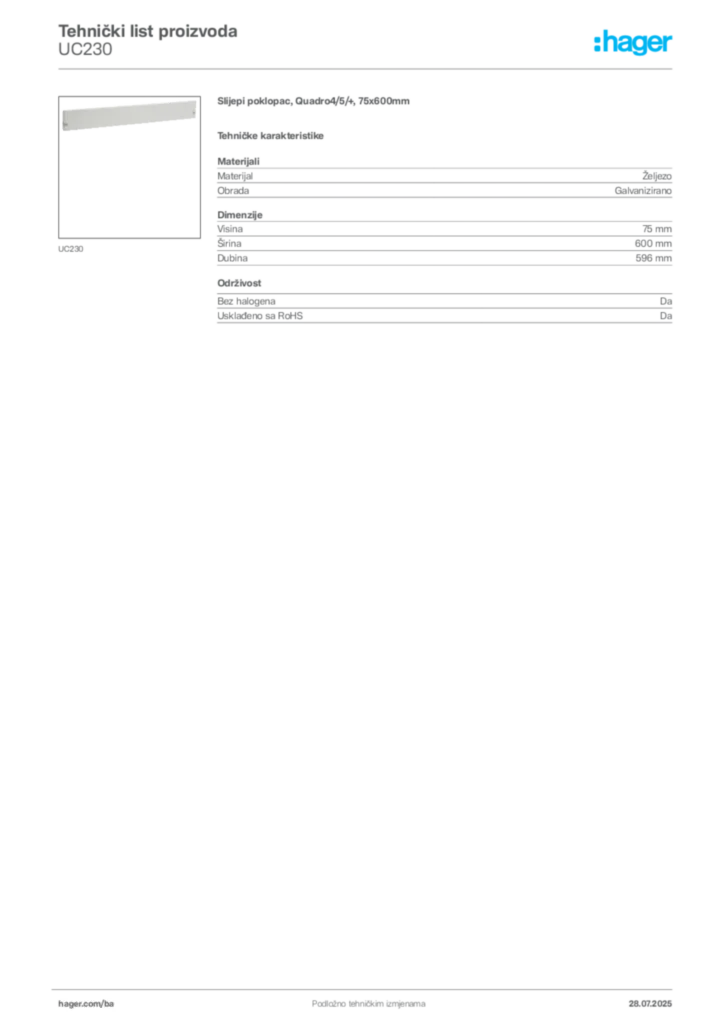 Slika Hager Product data sheet UC230  | Hager