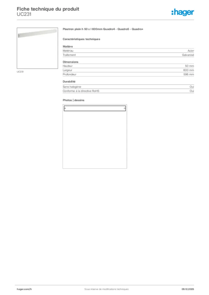 Image Hager Fiche technique du produit UC231 | Hager France