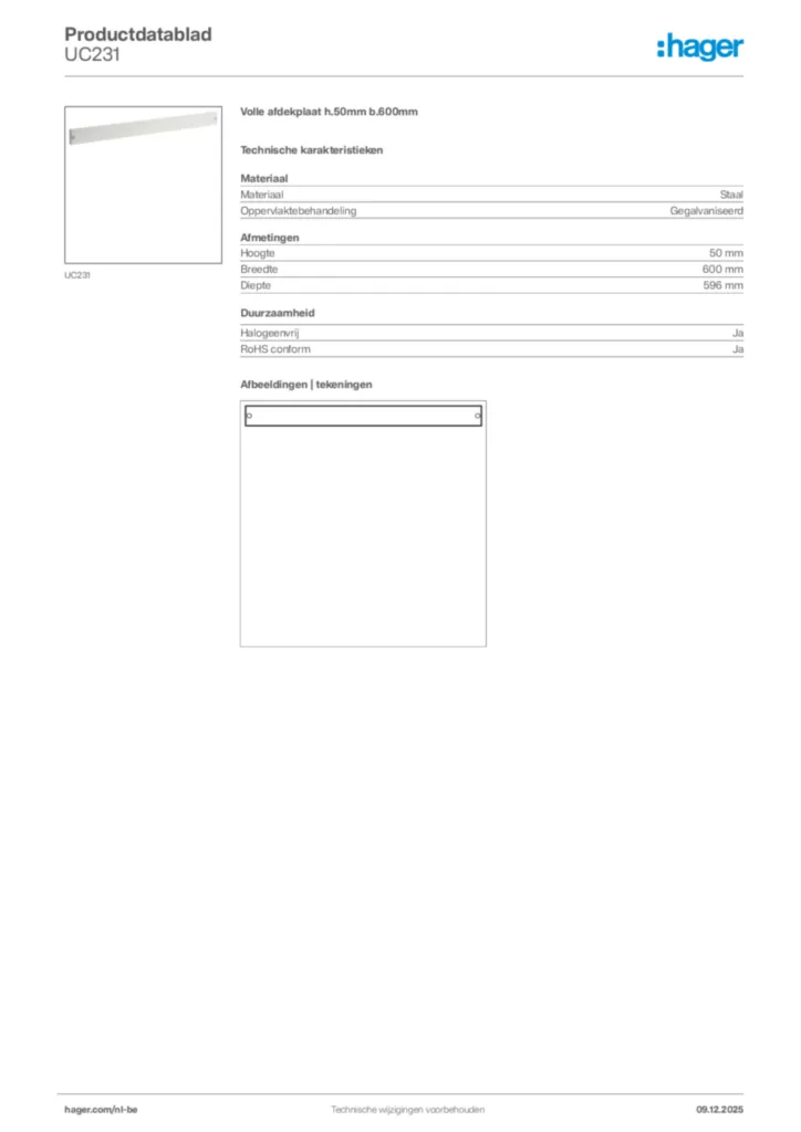 Afbeelding Hager Productdatablad UC231 | Hager Belgium