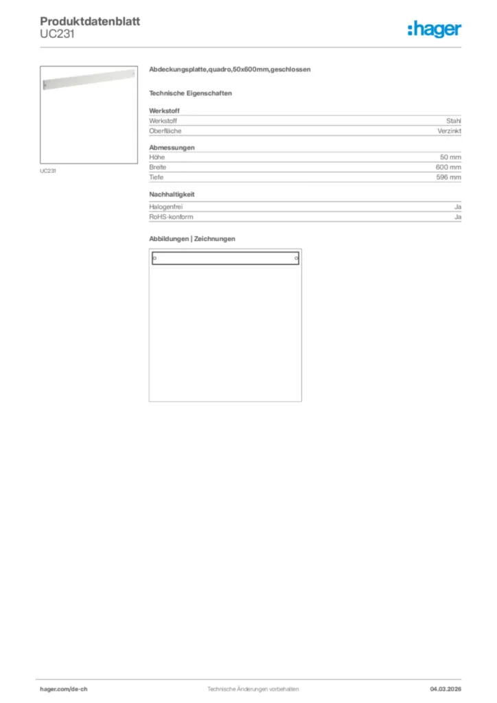 Bild Hager Produktdatenblatt UC231 | Hager Schweiz