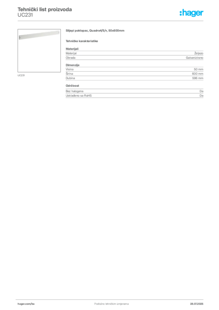 Slika Hager Product data sheet UC231  | Hager