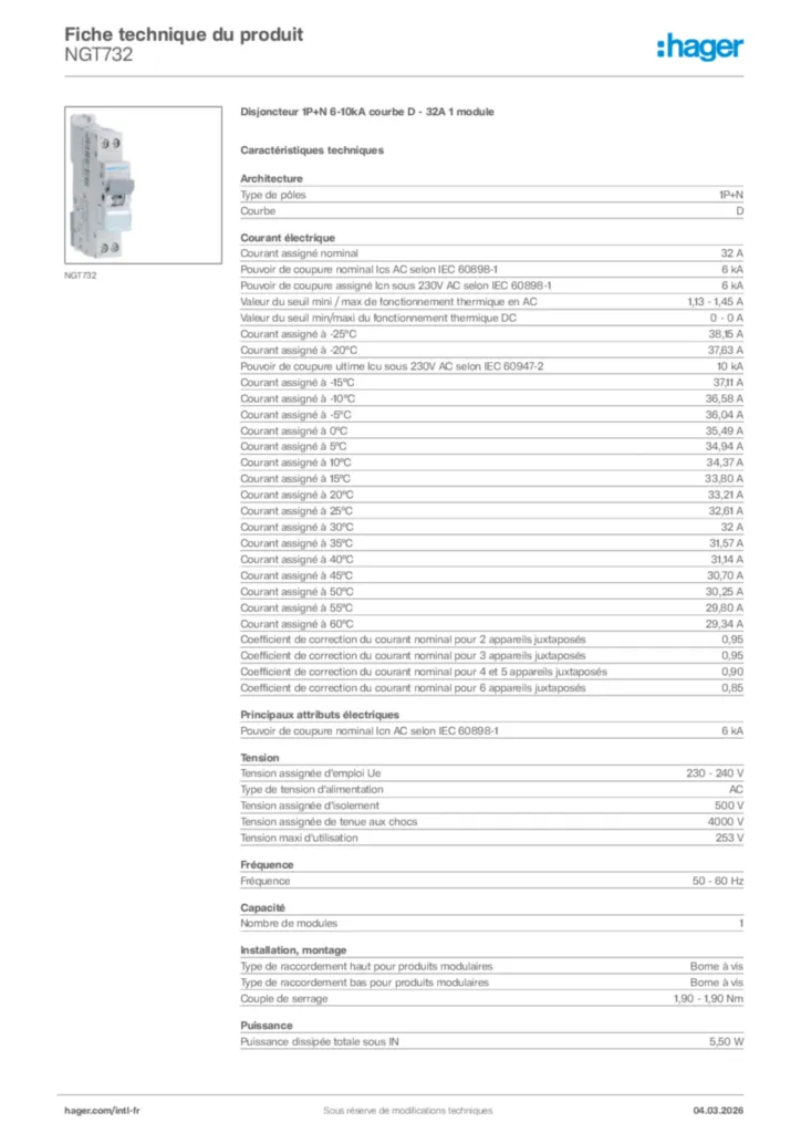 Image Hager Fiche technique du produit NGT732 | Hager Afrique