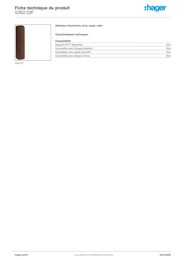 Image Hager Fiche technique du produit S262-22F | Hager France